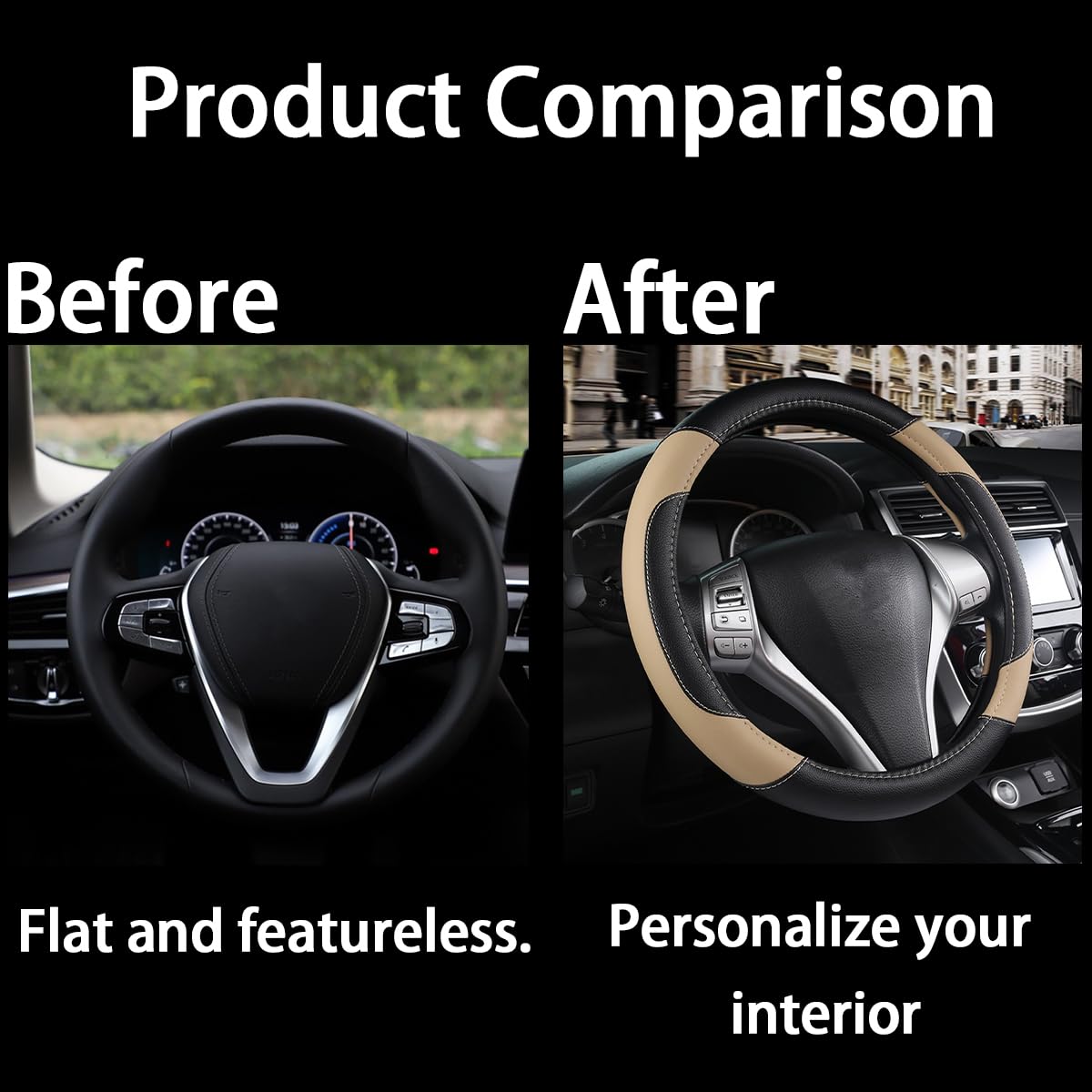 BELOMI 15 Inch Universal Leather Steering Wheel Cover - Non-Slip, Breathable Sport Design for Cars, Trucks & SUVs | Premium Odorless Wheel Protector | Perfect for Daily Commuting & Road Trips (Beige)