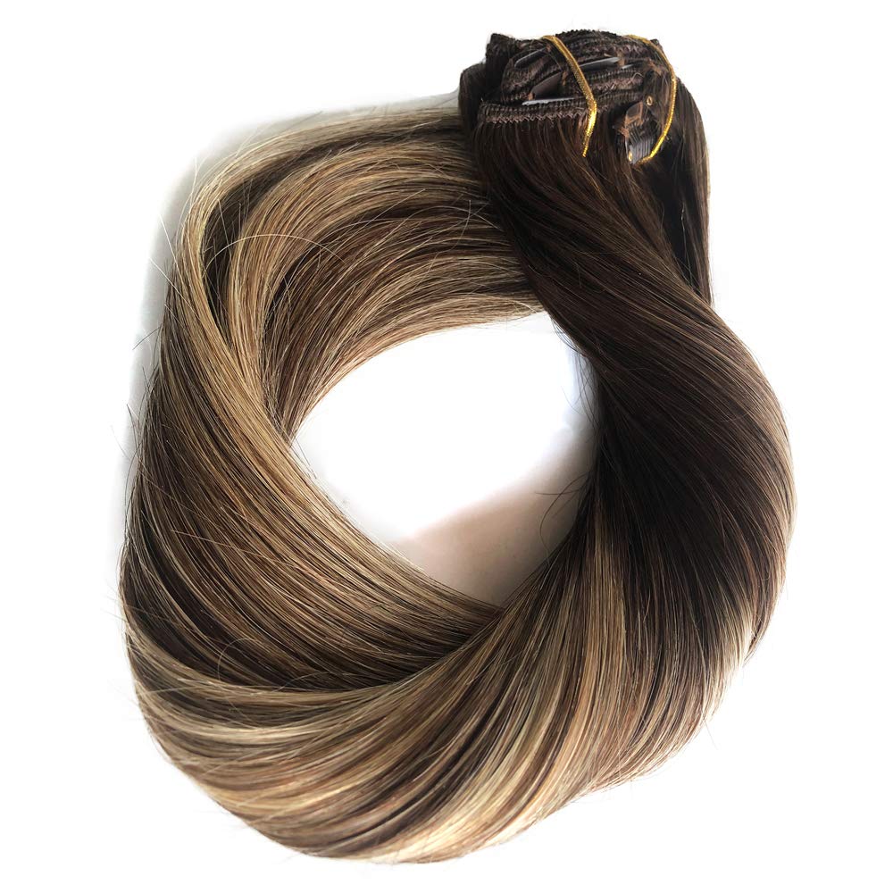 Balayage Straight Clip-in Human Hair Extensions #4 Medium Brown to #24 Medium Auburn - 100G 8pcs Double Weft Remy Hair - 100% Real Human Hair Silky Straight 14