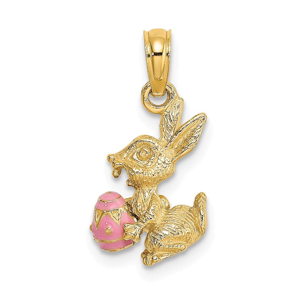 14K Solid Yellow Gold 3D Pink Enamel Easter Bunny Egg Charm Pendant - 19mm x 10mm - Perfect for Easter Gifts, Jewelry Making & Necklace Charms
