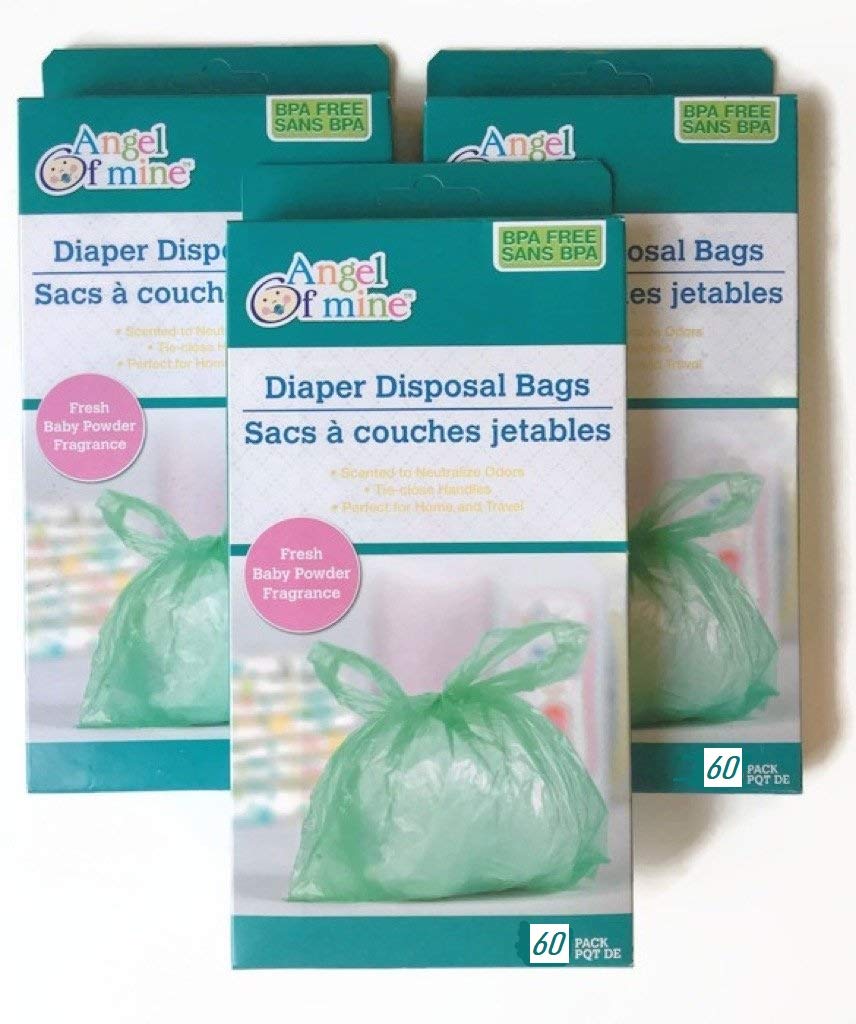 Angel of Mine Diaper Disposal Bags with Fresh Baby Powder Scent - 180 Count (3 Packs of 60) | Convenient for Travel, Daycare & On-the-Go Diaper Changes