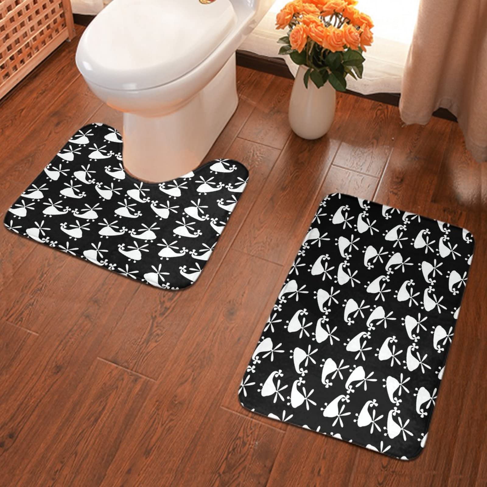 SWEET TANG 2-Piece Memory Foam Bathroom Rug Set - Ultra Soft Shower Mats with U-Shaped Contour for Toilet (White Helicopter Black Design) | Non-Slip Bath Rugs for Boys & Teens | Perfect for Bathroom, Shower & Laundry Room Floor Protection