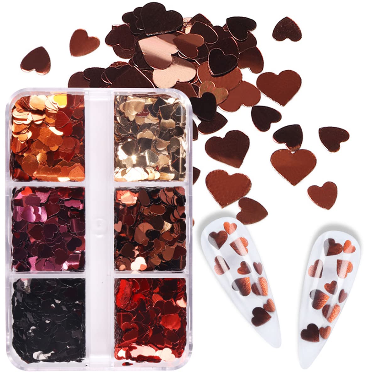 3D Heart Glitter Nail Sequins - 6 Grids Holographic Nail Art Stickers for Valentine's Day, Red Rose Gold Black Heart Glitter Decals | DIY Nail Design Charms, Party & Wedding Nail Art Decorations