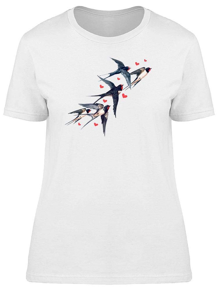 Smartprints Women's White Watercolor Swallows Flying Heart T-Shirt - Casual Summer Graphic Tee for Outfits & Gifts