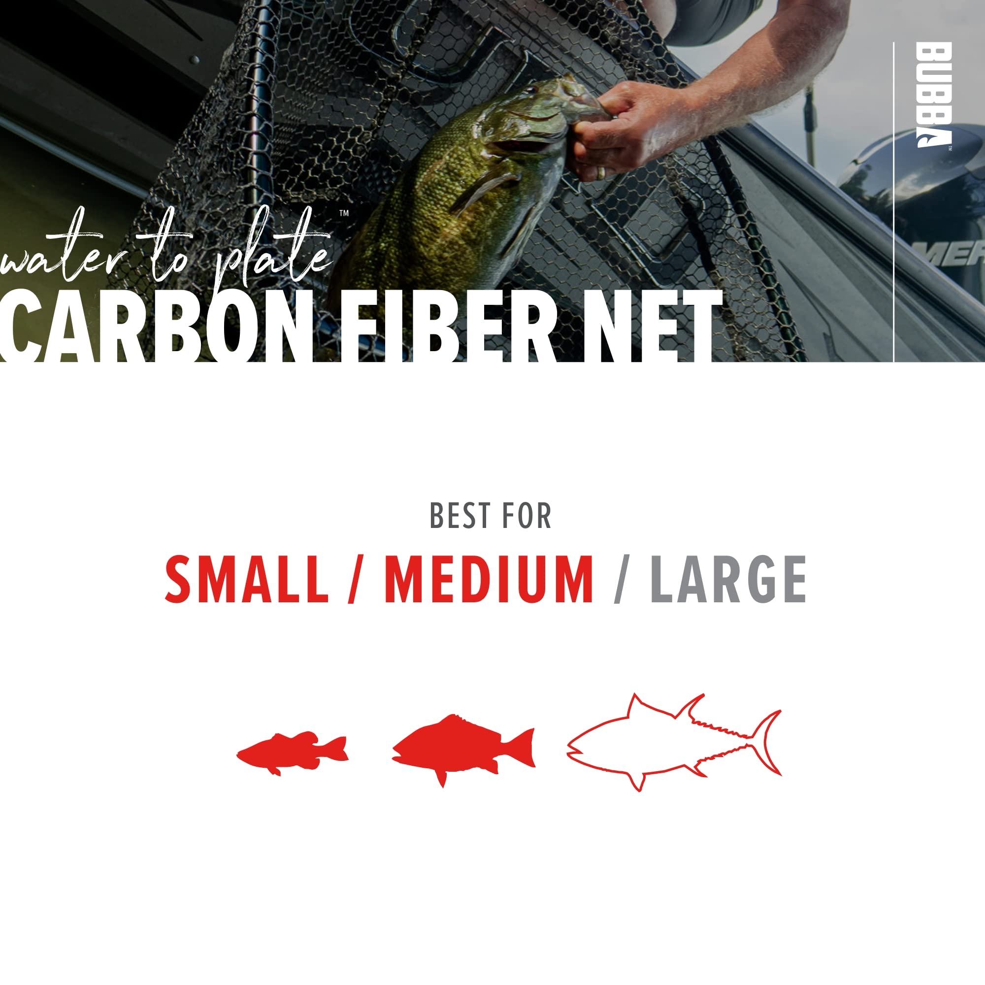 BUBBA Premium Fishing Landing Net - Corrosion Resistant Carbon Fiber Shaft with Non-Slip Grip Handle for Anglers, Boating & Outdoor Adventures | Perfect for Freshwater, Saltwater & Kayak Fishing