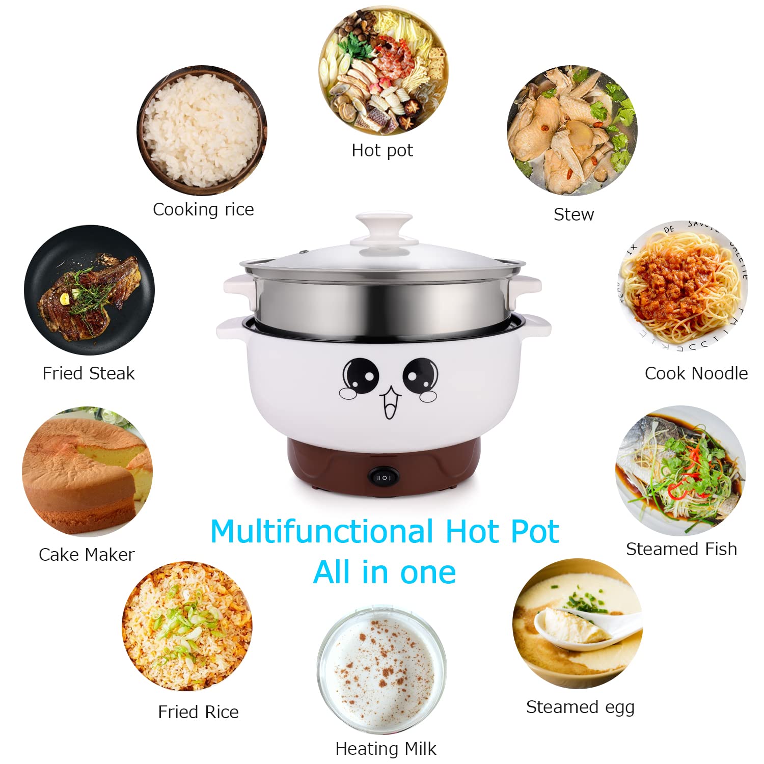 4-in-1 Electric Skillet with Steamer - 2.8L Non-Stick Multi-Functional Cooker for Rice, Hotpot, Soup, Eggs & Noodles - Perfect for Small Kitchens, Dorms & RV Cooking