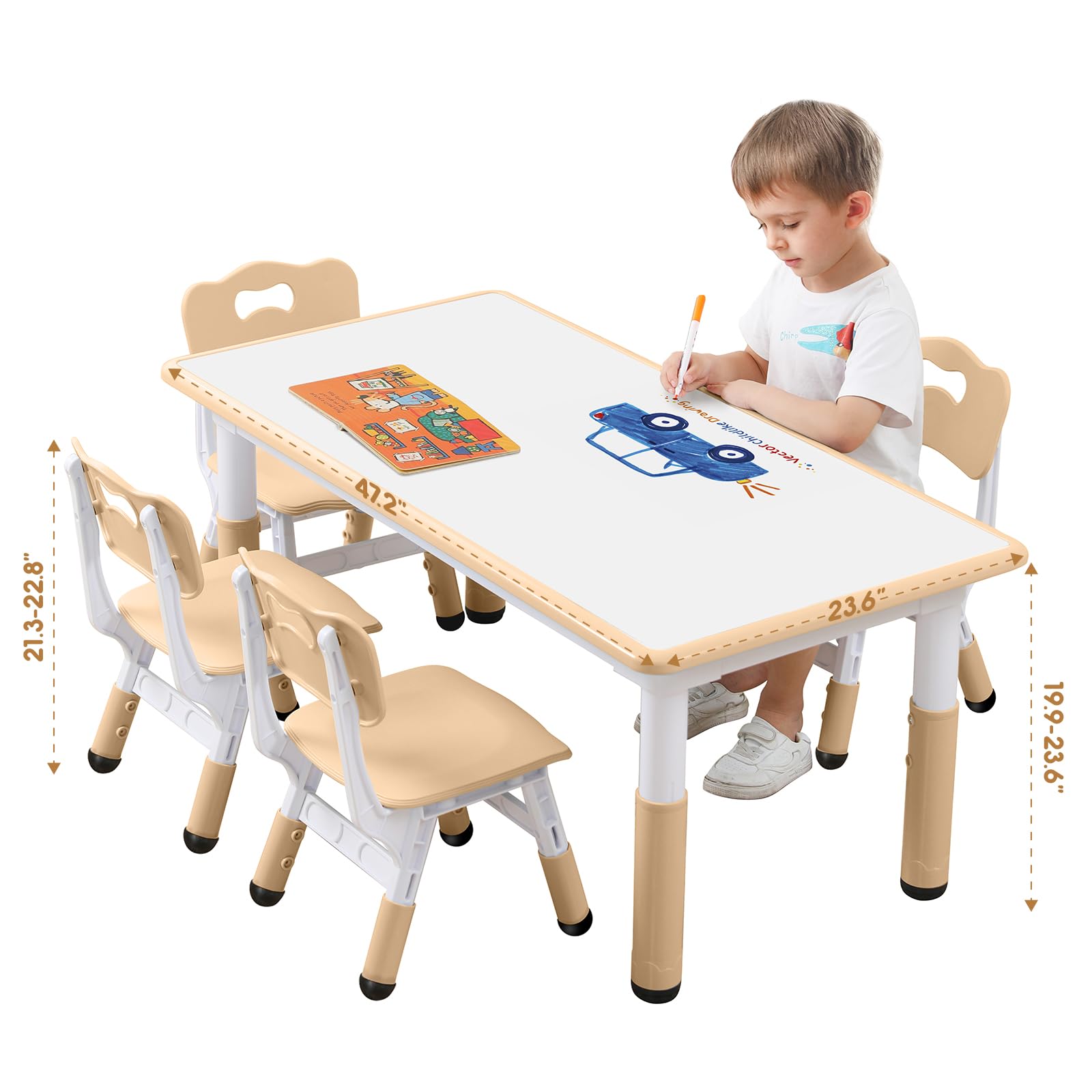 Best Kids Table and Chairs Set for 5-8 Year Olds - Toddler Table with 6 Chairs, 24 Leg Covers & 12 Color Pens - Perfect for Playroom, Classroom, and Home Learning Activities