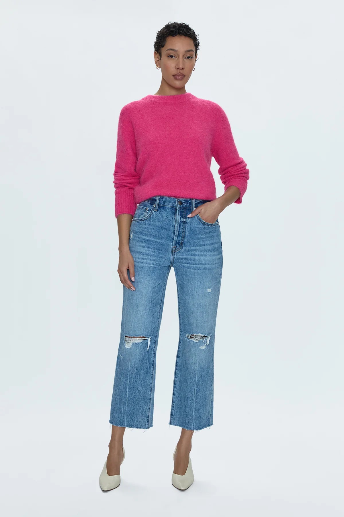 Cassie Crop Jeans - Women's High Waisted Distressed Denim Jeans in Bushwick Wash | Perfect for Casual Outfits & Streetwear Fashion