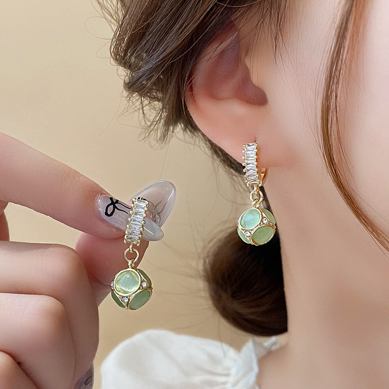 Vintage Cat Eye Stone Ball Hoop Earrings for Women - Elegant Gold/Silver Dangle Earrings | Perfect for Parties, Weddings & Everyday Wear | A7573