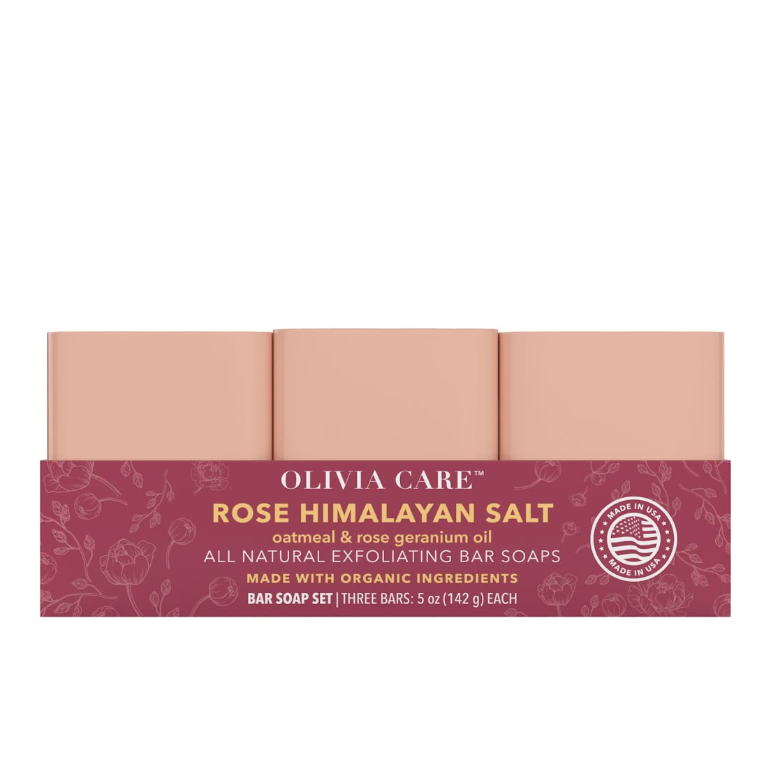 Olivia Care Organic Rose Himalayan Salt Bar Soap - 3 Pack of 5 Oz All Natural Handmade Soap with Organic Ingredients for Sensitive Skin & Aromatherapy | Perfect for Spa, Bath, Gift & Self-Care Routine
