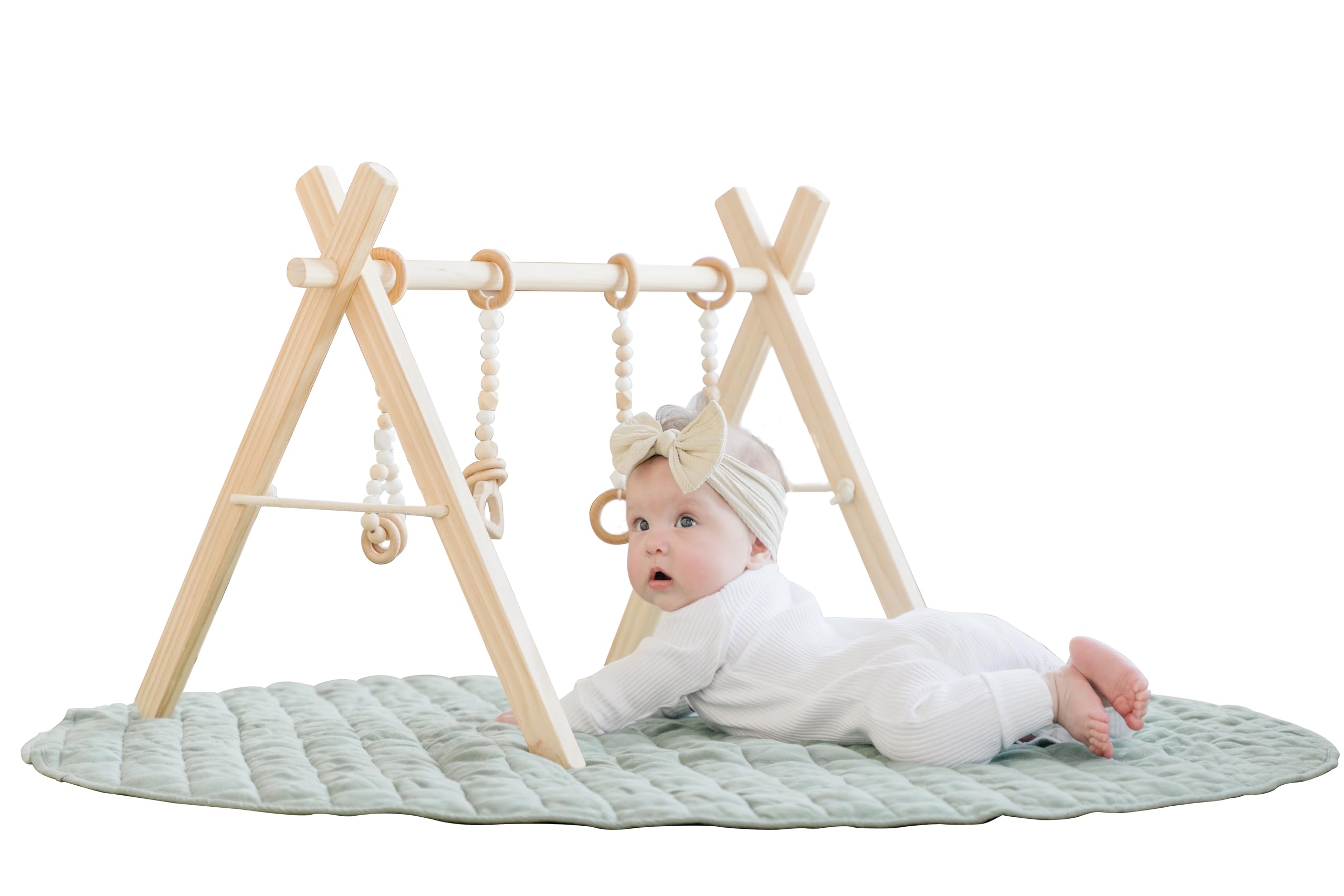Modern Wooden Baby Play Gym for Infants 0-12 Months - Foldable Montessori Activity Gym with Hanging Toys for Cognitive & Motor Skills Development - Natural Wooden Playmat with White Toys for Nursery Decor - Perfect for Tummy Time & Sensory Play