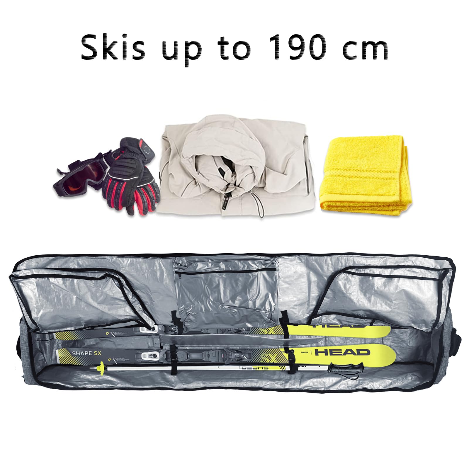 WOLT Rolling Ski Bag - Padded Snowboard Travel Bag with Wheels for Airplane, Fits 2 Pairs of Skis (175cm-190cm) | Durable Ski Carrier for Winter Sports & Vacation Travel