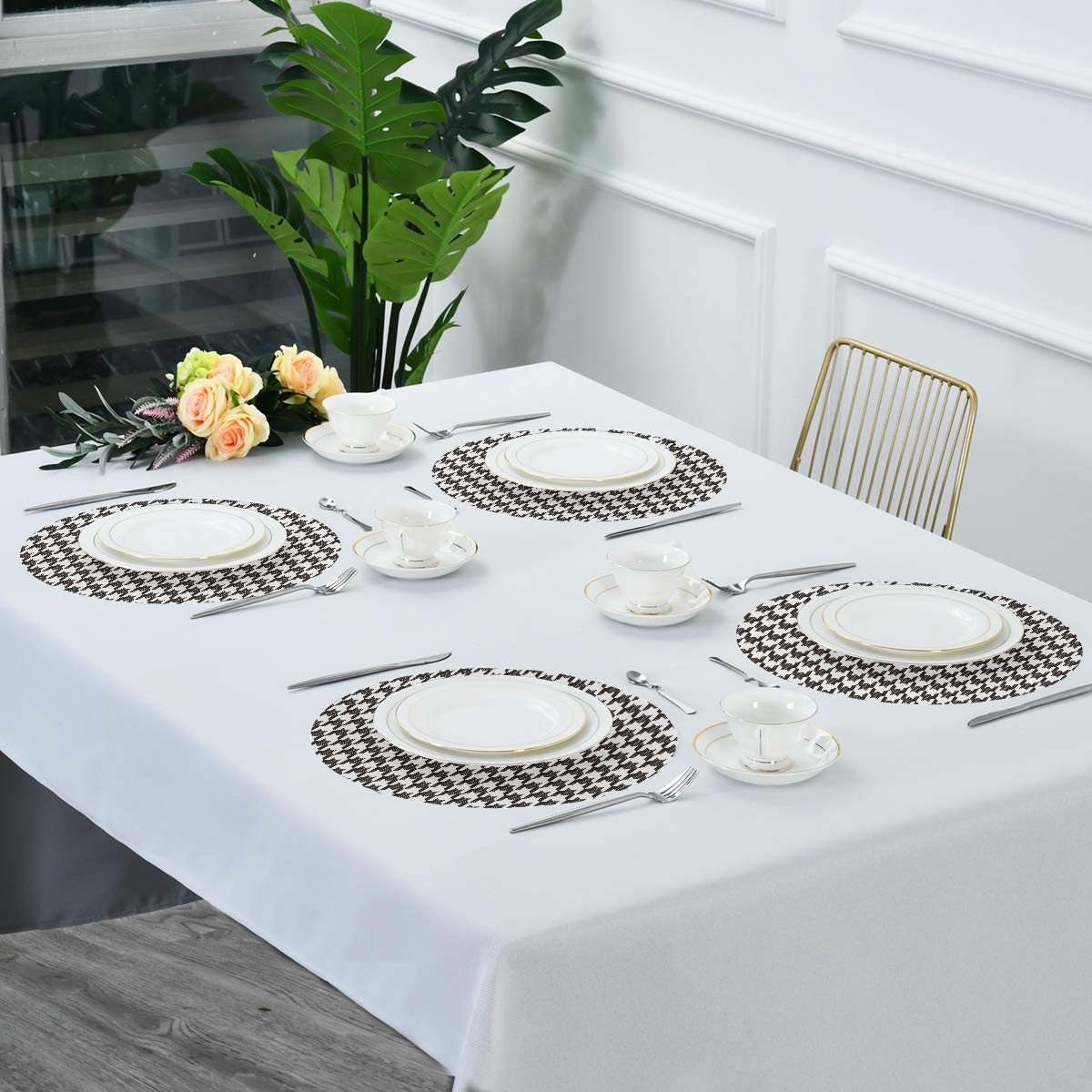 Nander Round Washable Placemats Set of 6 - Black Houndstooth Plaid Polyester Dining Table Mats for Kitchen, Dinner Party & Holiday Decor