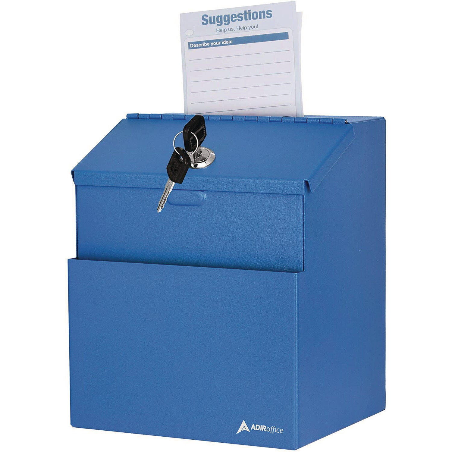AdirOffice Wall Mountable Steel Secure Drop Box with Key - 7 x 6 x 8.5 Inch Stainless Steel 304 Locking Suggestion Box - Blue | Perfect for Offices, Schools, and Public Spaces for Secure Document Collection