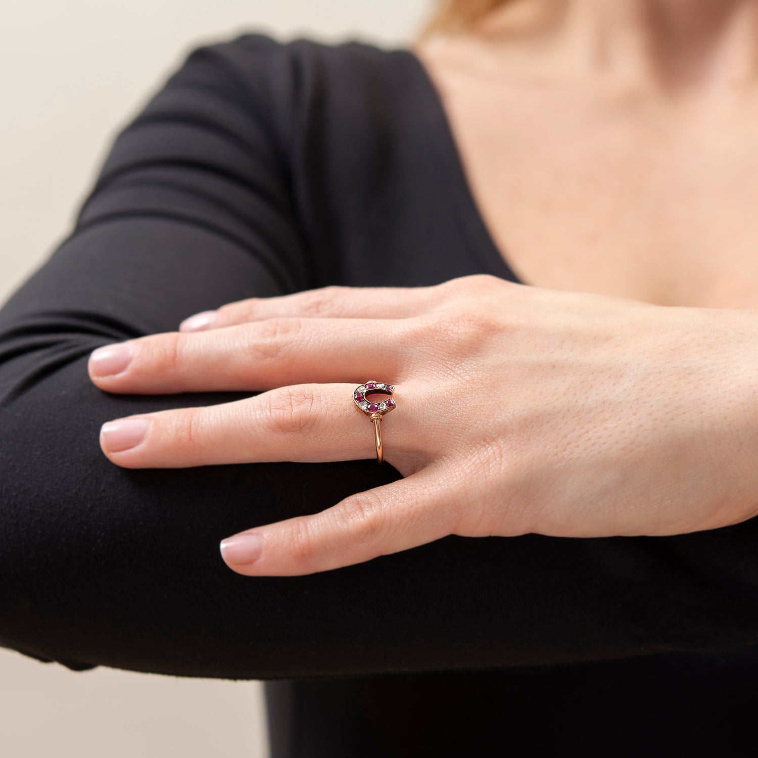 15K Gold Victorian Horseshoe Ring with Diamond & Ruby - Elegant Good Luck Jewelry for Women - Perfect for Gifts, Weddings & Special Occasions