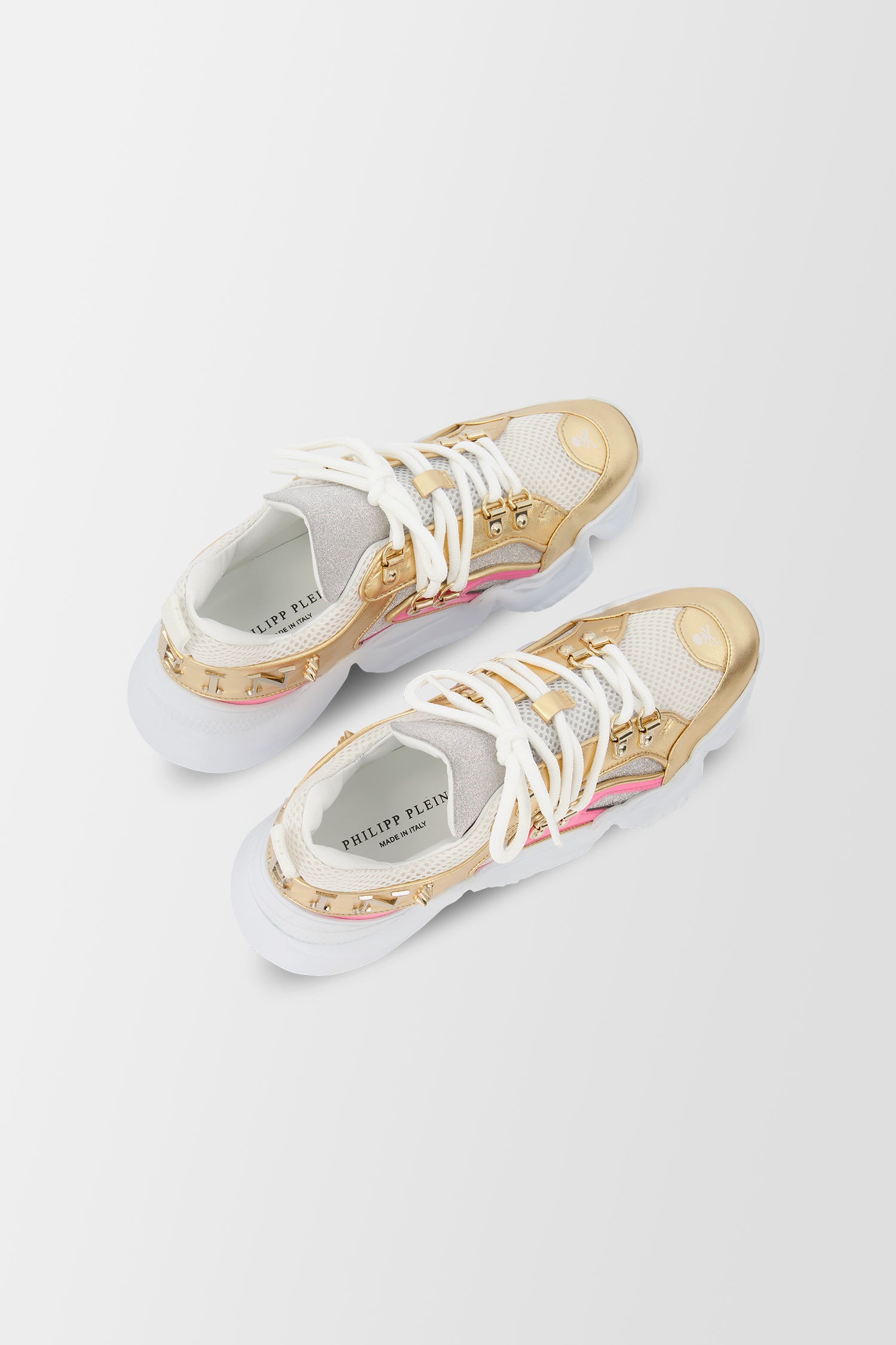 Philipp Plein Gold & Pink Crystal Embellished Sneakers for Women - Luxury Fashion Shoes for Parties, Nightlife & Special Occasions