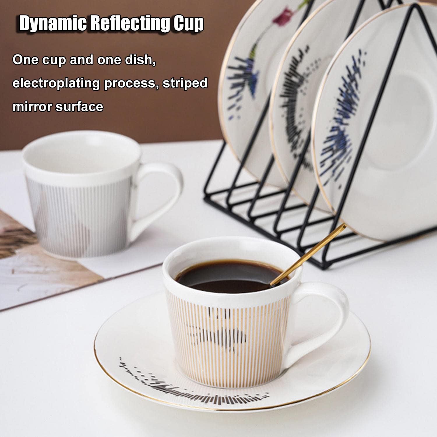 8 oz Mirror Reflection Coffee Cup & Saucer Set - Illusion Anamorphic Ceramic Mug with Moving Reflection - Perfect for Gifts, Home Decor, and Unique Coffee Drinking Experience