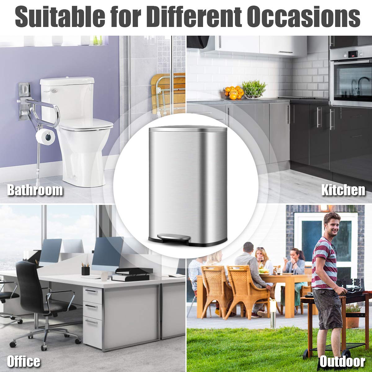 Goplus 13.2 Gallon/50L Stainless Steel Touchless Trash Can with Step-On Pedal, Soft-Close Lid & Fingerprint-Resistant - Perfect for Kitchen, Living Room & Home Office Waste Disposal