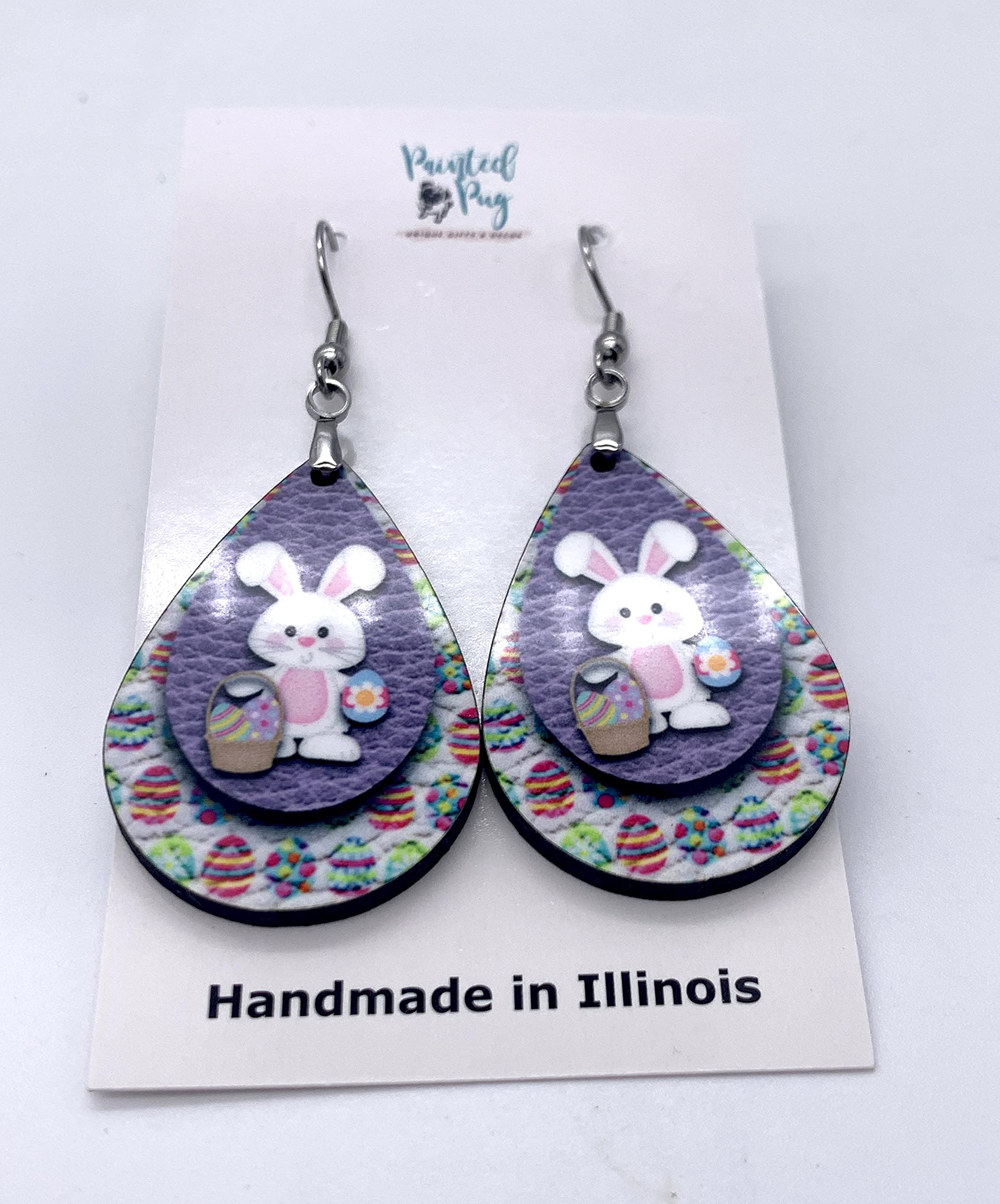 Handmade Wooden Bunny Dangle Drop Earrings for Women - Purple & Pink Easter Jewelry by The Painted Pug | Perfect for Spring Celebrations, Easter Gifts & Party Accessories