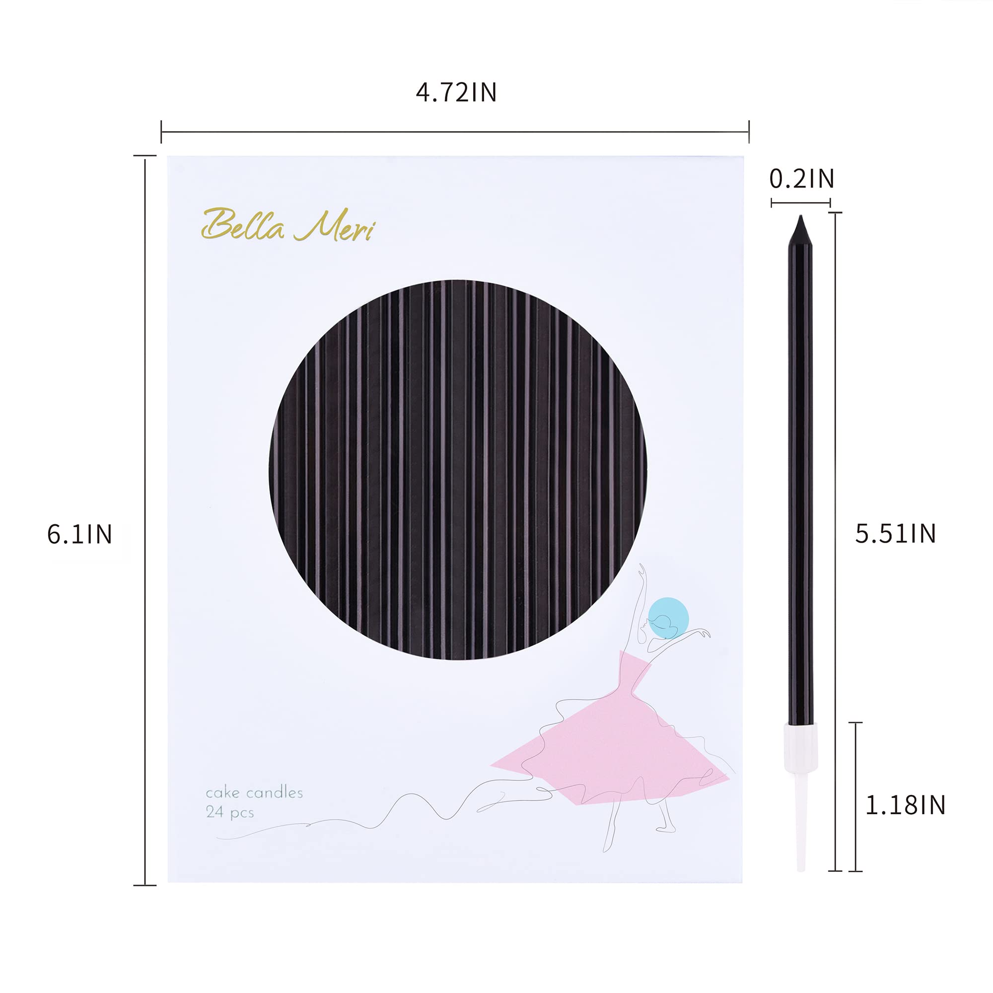 Bella Meri Black Long Thin Metallic Birthday Candles - Elegant Cake Candles for Birthday Parties, Wedding Decorations & Special Events - Perfect for Cakes, Cupcakes and Dessert Tables