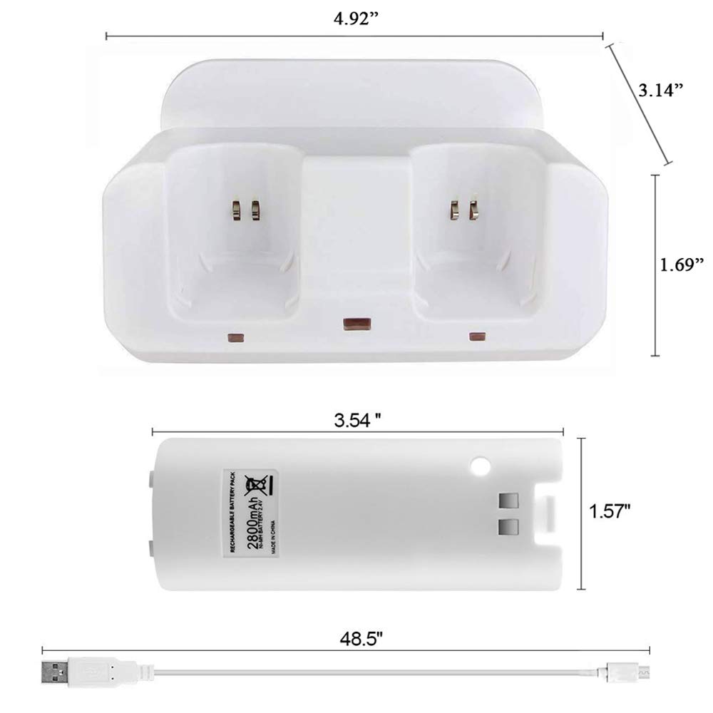 Wii U Charger Dock Station for Wii Remote & Wii U Gamepad with 2 Rechargeable Batteries & Charging Cable - White | Fast Charging LED Indicator | Perfect for Gaming Sessions & Multiplayer Parties