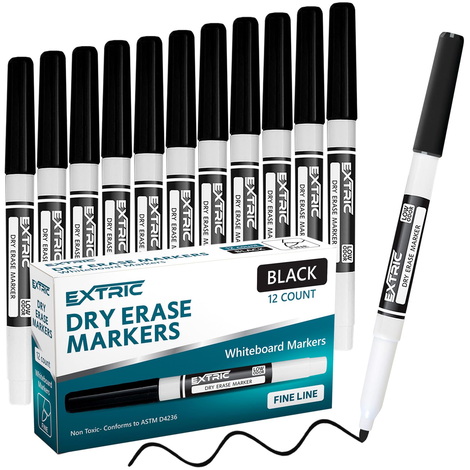 EXTRIC Black Dry Erase Markers Fine Tip - 12 Pack Whiteboard Markers for Kids & Adults - Fine Point Dry Erase Pens for Classroom, Office & Home Use - Ideal for Whiteboards, Glass & Non-Porous Surfaces