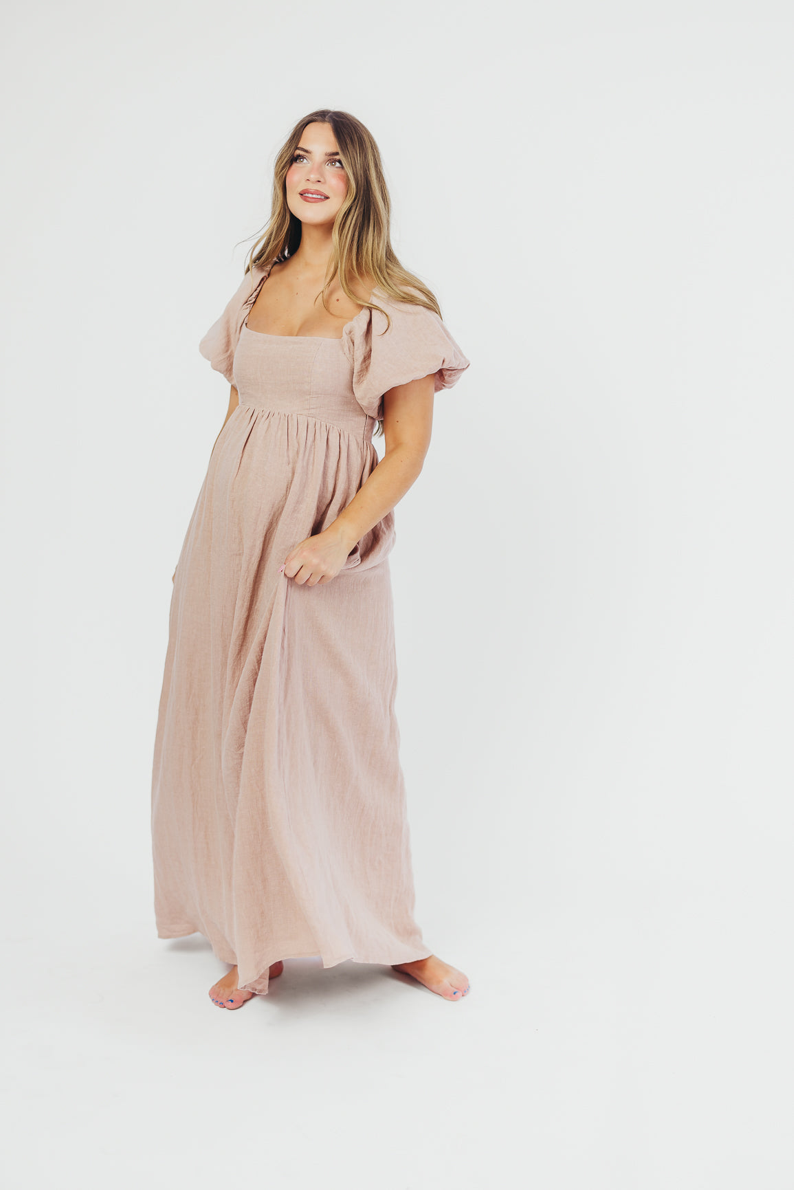 Elegant Candace Maxi Dress in Dusty Rose - 100% Breathable Linen, Bump-Friendly Maternity Dress for Women - Perfect for Summer Weddings, Beach Vacations & Casual Outings