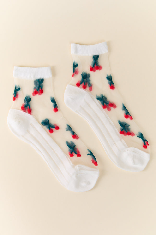 Sheer White Cherry Print Ankle Socks for Women - Breathable & Comfortable - Perfect for Casual Wear, Gifts, and Everyday Fashion
