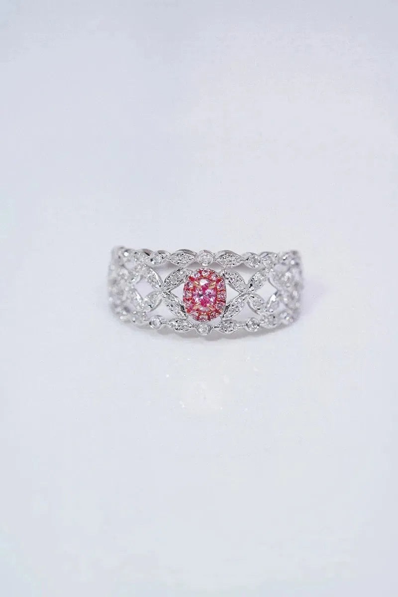 18K White Gold Romantic Hollow Out Lace Engagement Ring with Real Pink Diamond for Women - Perfect for Proposals, Anniversaries & Special Occasions