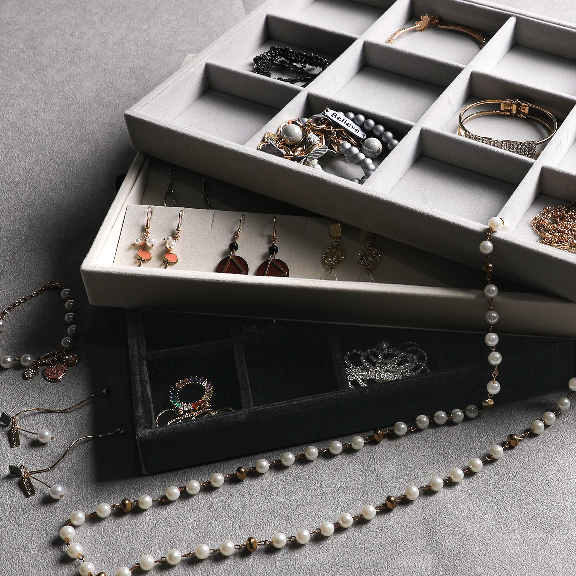 Frebeauty Stackable Velvet Jewelry Organizer Trays - 2-Piece Set for Necklaces, Rings, Bracelets & Earrings | Drawer Inserts & Display Case for Women & Girls (Grey) | Perfect for Bedroom Vanity, Closet & Travel Jewelry Storage