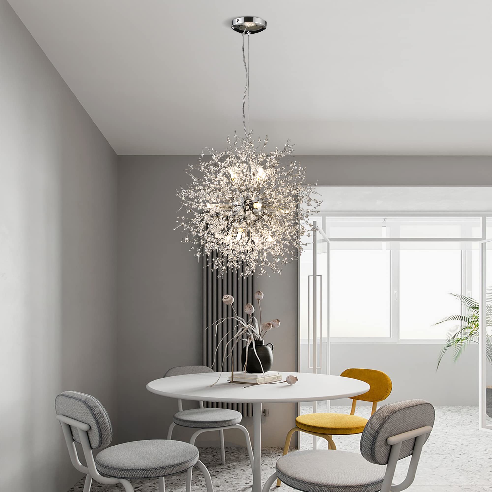 Modern Sputnik Crystal Chandelier - 12-Light Chrome Dandelion Pendant Lighting Fixture for Kitchen Island, Farmhouse Dining Room & Bedroom (21.65