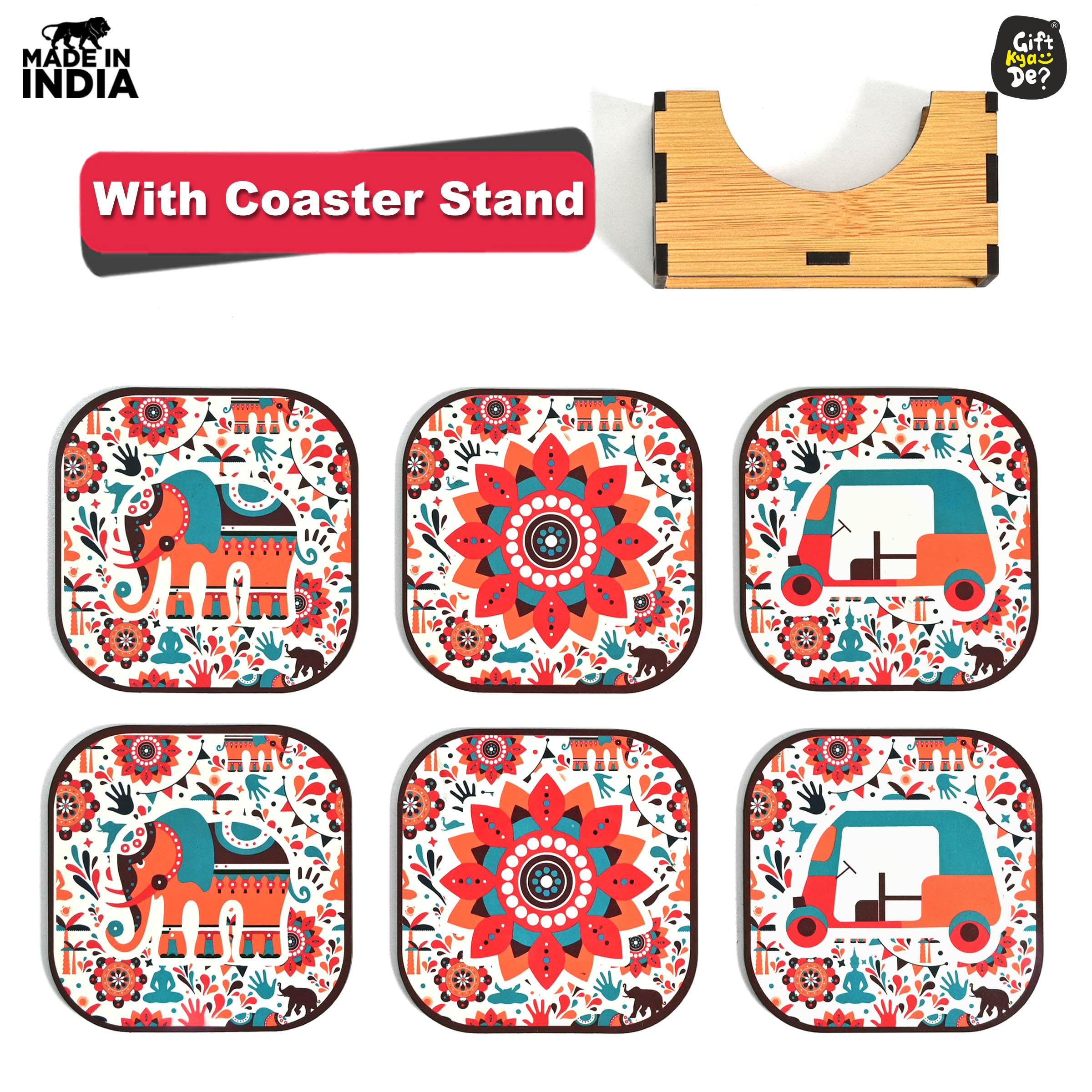 GKD Set of 6 Vibrant India-Themed Wooden Coasters - 3.8x3.8 Inch Square Eco-Friendly Drink Coasters for Tea Cups, Coffee Mugs & Glasses - Perfect for Home, Office & Restaurant Use