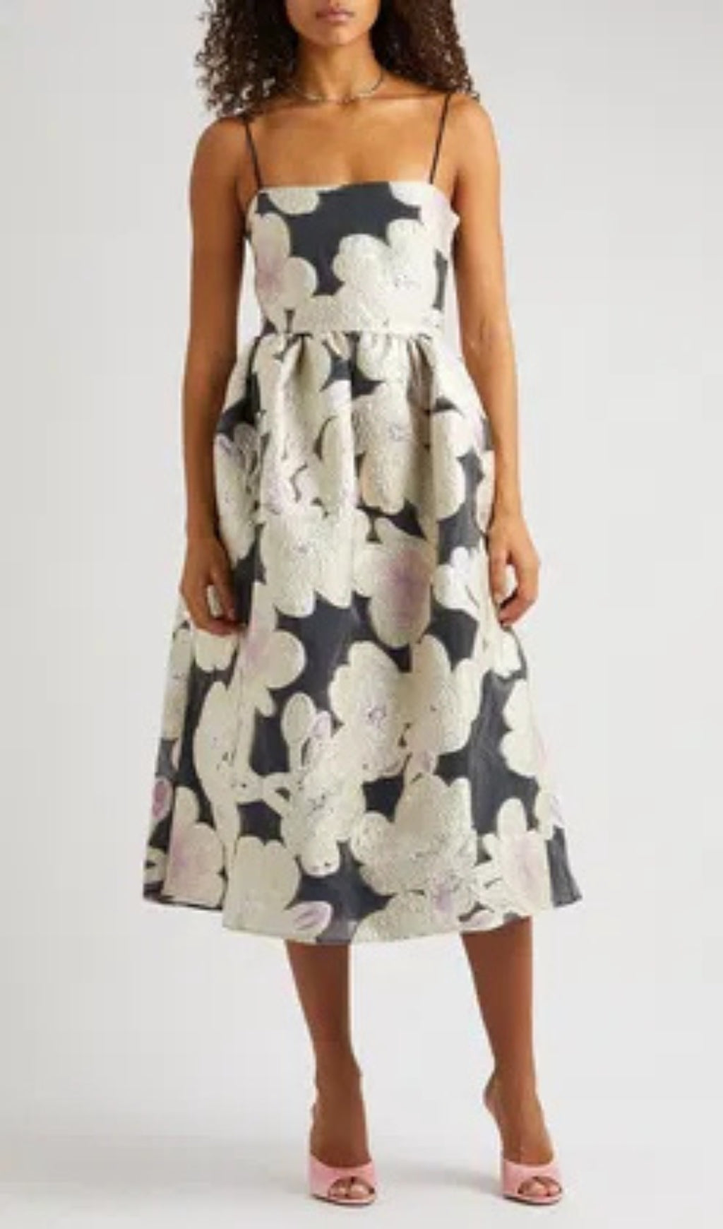 Floral Jacquard Midi Dress for Women - Elegant A-Line Summer Dress with Puff Sleeves - Perfect for Weddings, Parties & Office Wear