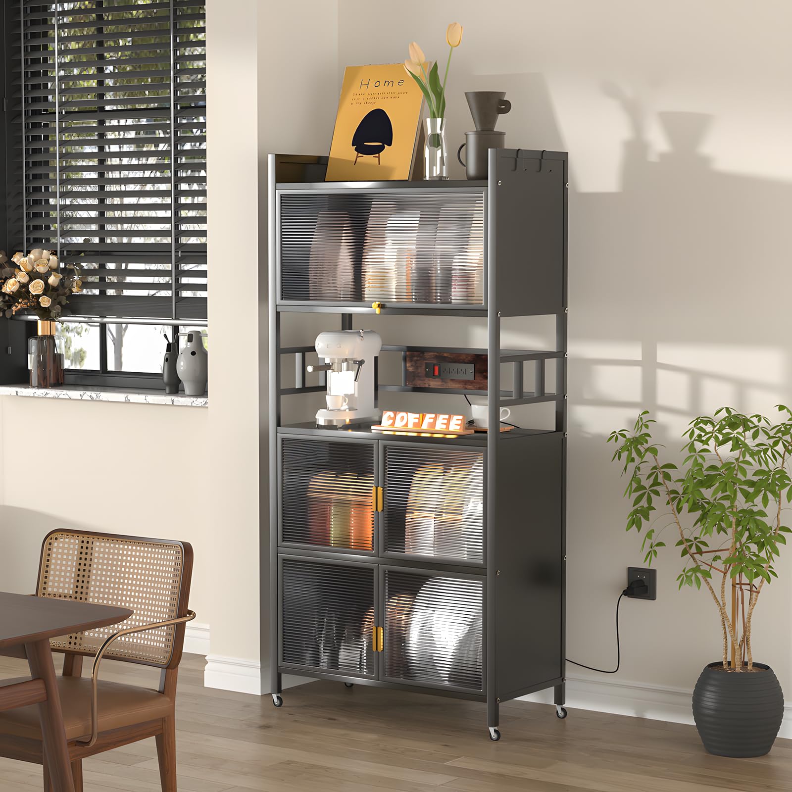 5-Tier Rolling Bakers Rack with Power Outlet & Hooks - Heavy Duty Microwave Stand, Coffee Station & Kitchen Storage Shelf for Spices, Pots, Pans - Perfect for Small Kitchens, Bakeries & Coffee Shops (Black)