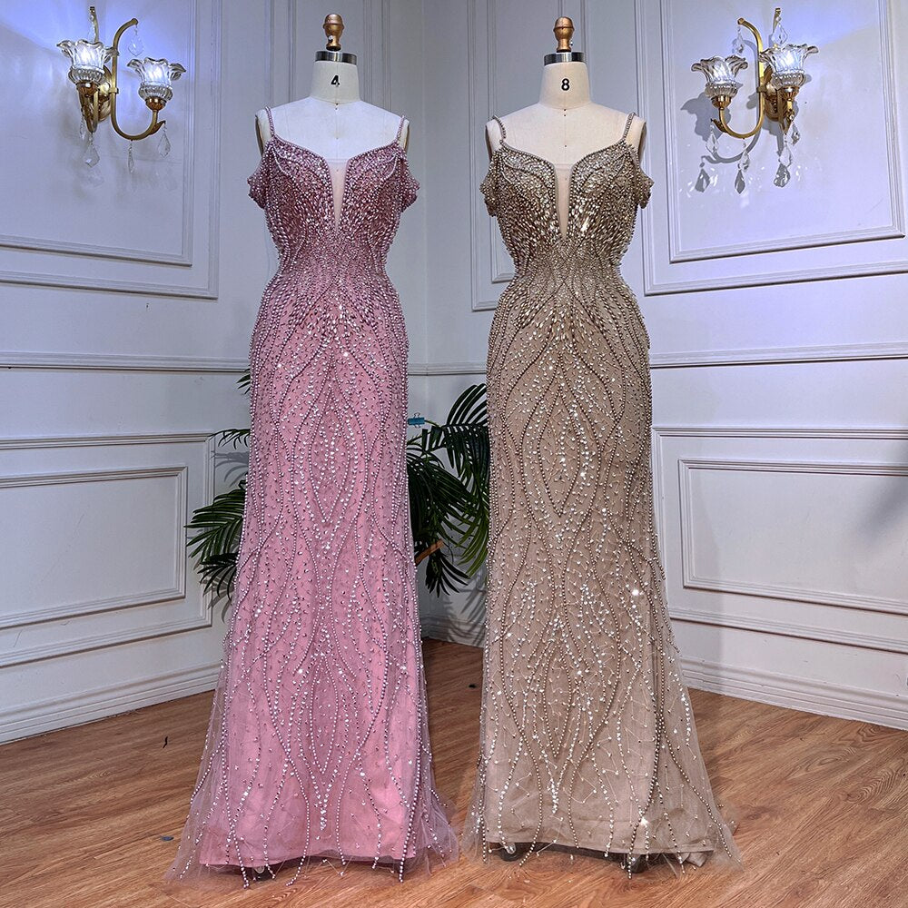 Serene Hill Sexy Pink Long Sparkly Beaded Off Shoulder Formal Dress for Women - Perfect for Birthday, Wedding & Party Occasions | LA72020