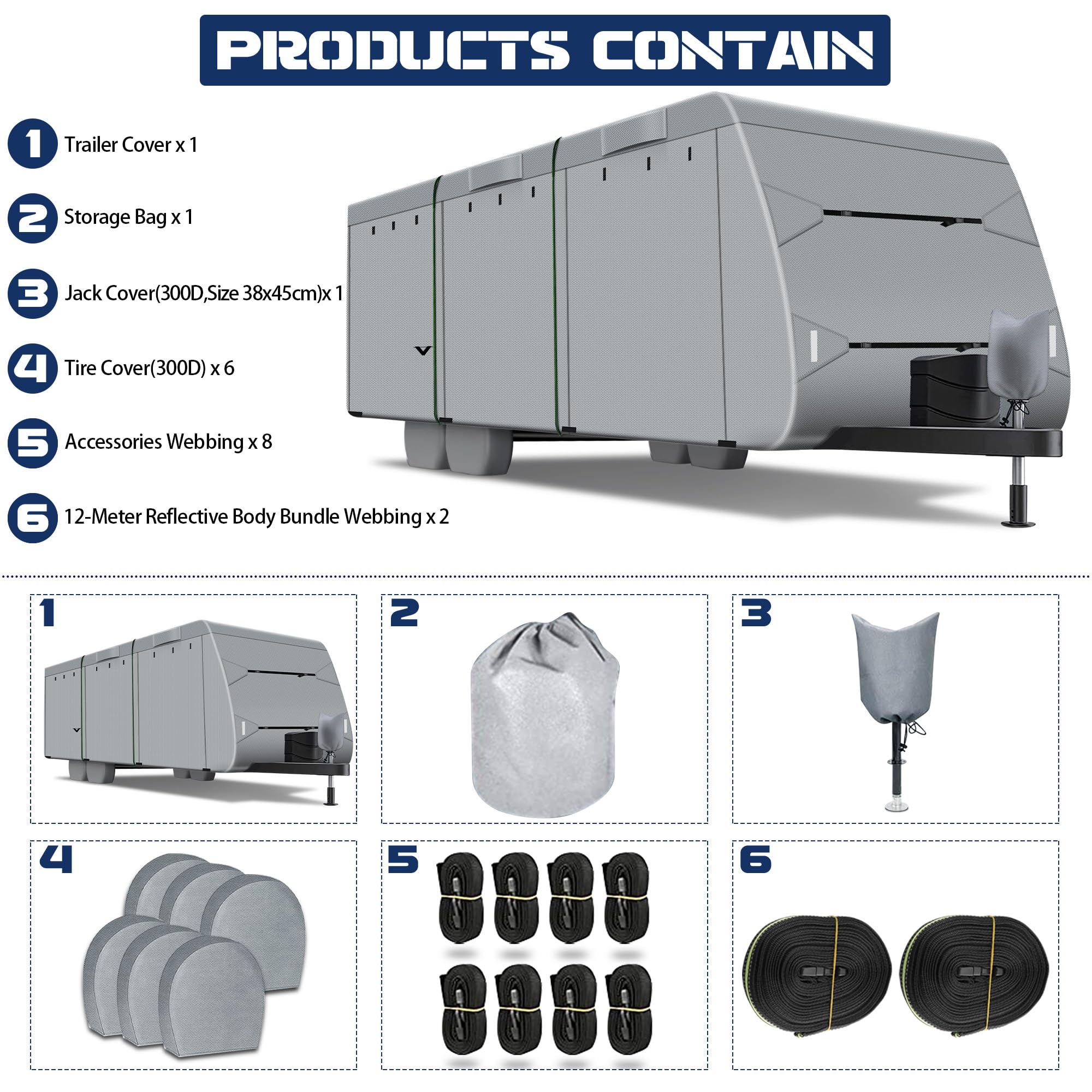 Richeer 300D Heavy-Duty RV Cover for 30'-33' Travel Trailers - Waterproof, Windproof, UV-Resistant Rip-Stop Fabric with Storage Bag, Tire Covers & Reflective Strips - Perfect for Outdoor Camping, Winter Storage & Long-Term Vehicle Protection (Dark Grey)