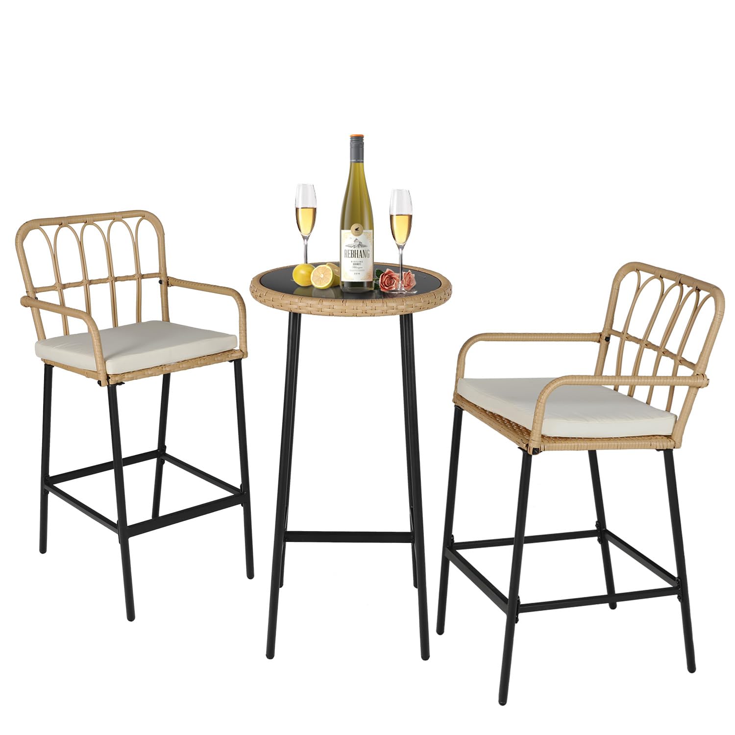 ENSTVER 3-Piece Rattan Bar Set with Cushions - Outdoor High Top Table & 2 Chairs, Tempered Glass Bar Table - Patio Bistro Dining Set for Backyard, Garden, Balcony, Poolside & Outdoor Entertaining
