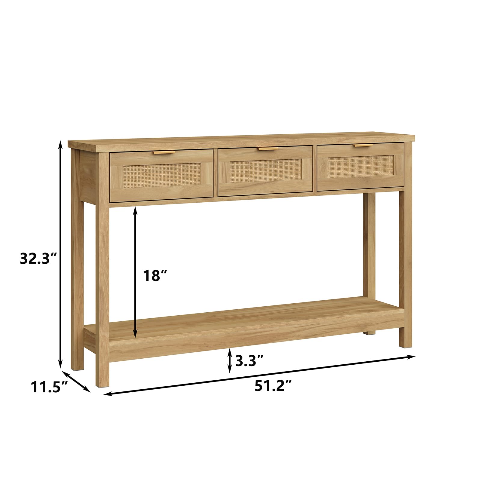 Boho Rattan Sofa Table - Narrow Long Entryway Console with 3 Drawers & Open Shelf | Natural Wood Side Table for Hallway, Living Room | Perfect for Small Spaces, Apartment Decor & Farmhouse Style Homes