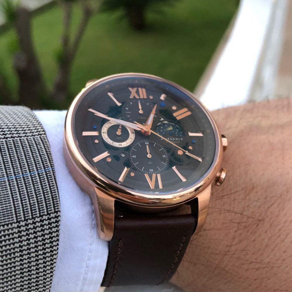 ARIES GOLD BELFAST Moon G 7013 RG CF Men's Leather Watch - Luxury Stainless Steel Chronograph for Business & Formal Occasions
