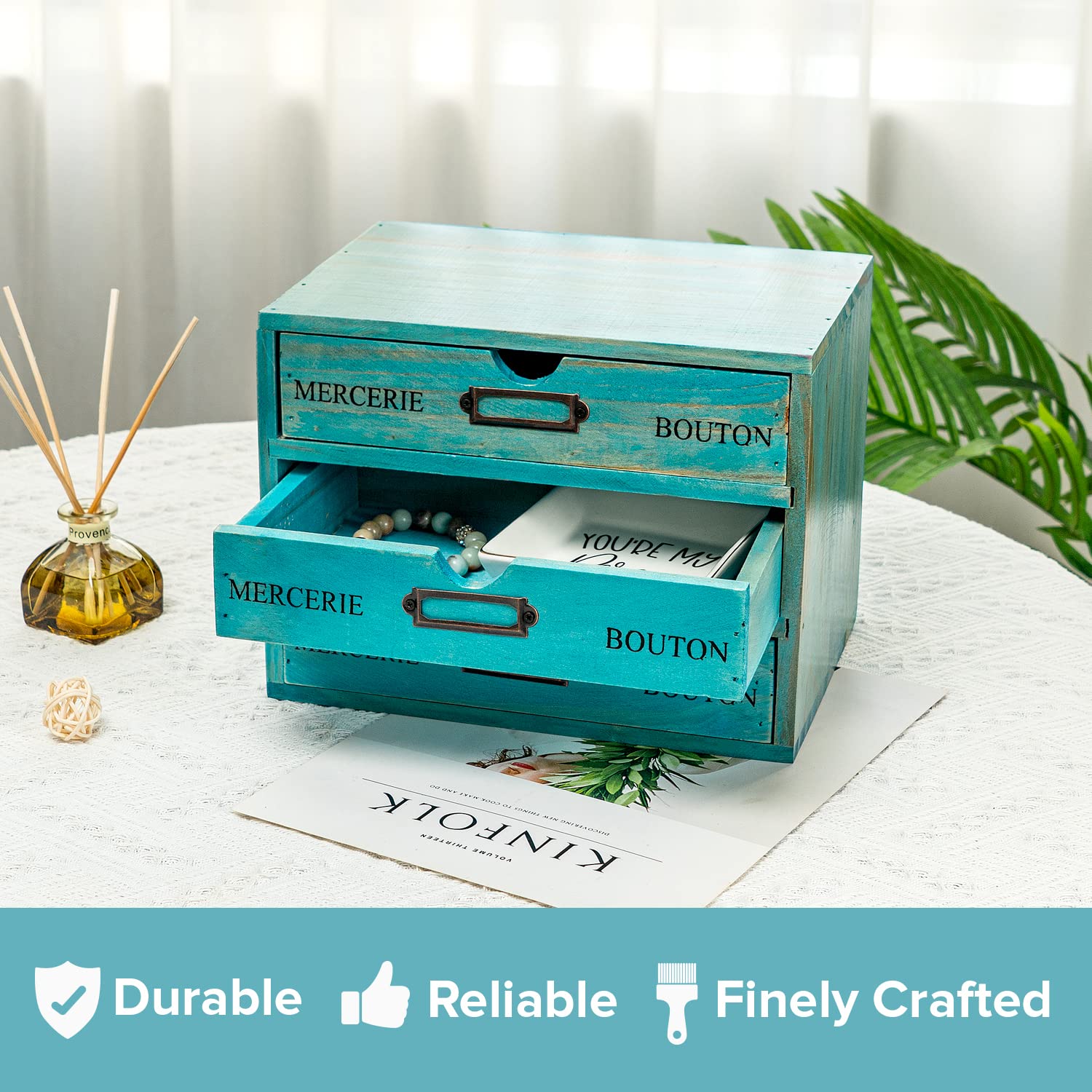 Turquoise 3-Tier Wooden Drawer Organizer - 9.7x7x7.5