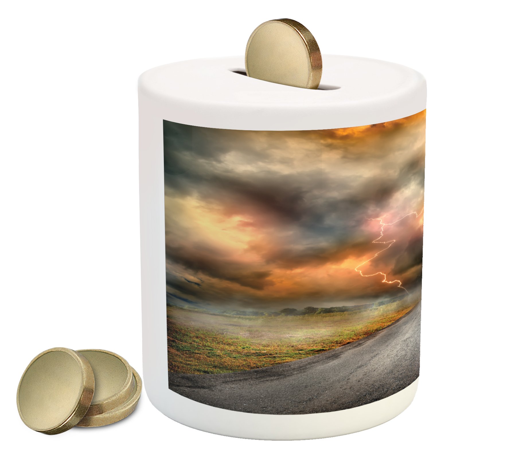 Ambesonne Ceramic Piggy Bank with Nature Storm Clouds & Thunder Over Highway Print - Grey & Orange Money Box for Cash Savings - Perfect for Kids' Allowance, Home Decor & Gift Giving