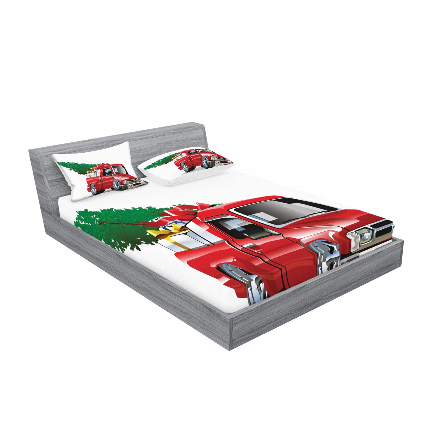 Ambesonne 2-Piece Christmas Bedding Set - Red Farm Truck Design Queen Size Fitted Sheets & 4 Pillow Shams, Holiday Home Decor for Festive Bedroom Makeover | Perfect for Christmas, Winter Home Styling and Cozy Seasonal Atmosphere