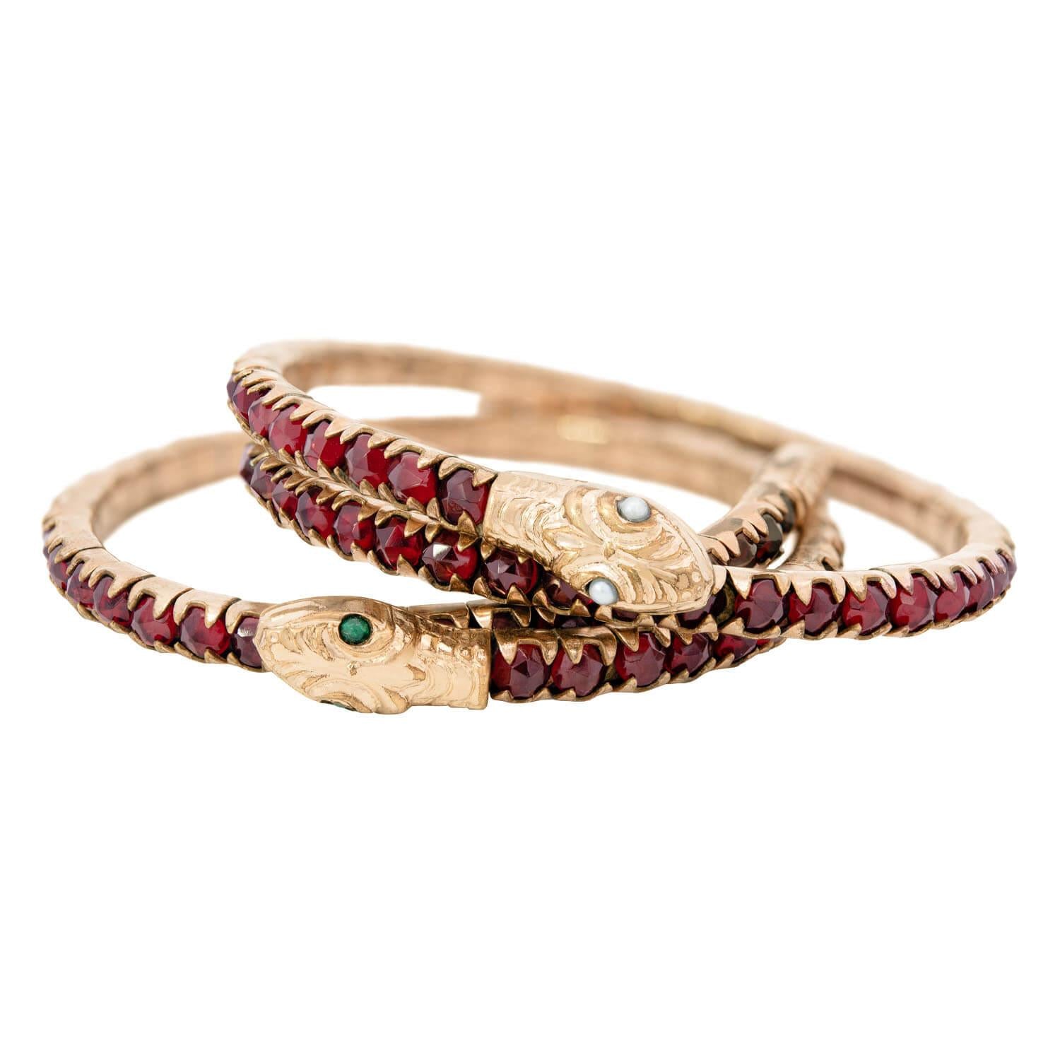 Victorian Gold Filled Garnet Pearl Snake Bracelet Set - Elegant Vintage Jewelry for Women, Perfect for Parties, Weddings & Special Occasions