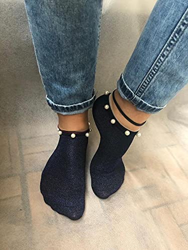 Pearl Sea Blue Glitter Socks - Women's Breathable Nylon Ankle Socks for Summer & Party