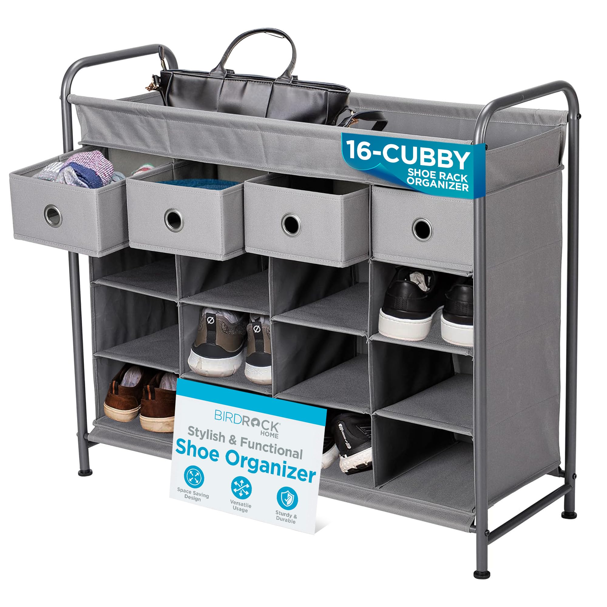 16-Cubby Shoe Rack with 4 Drawers - Space Saving Metal Cabinet for Bedroom & Entryway - Grey