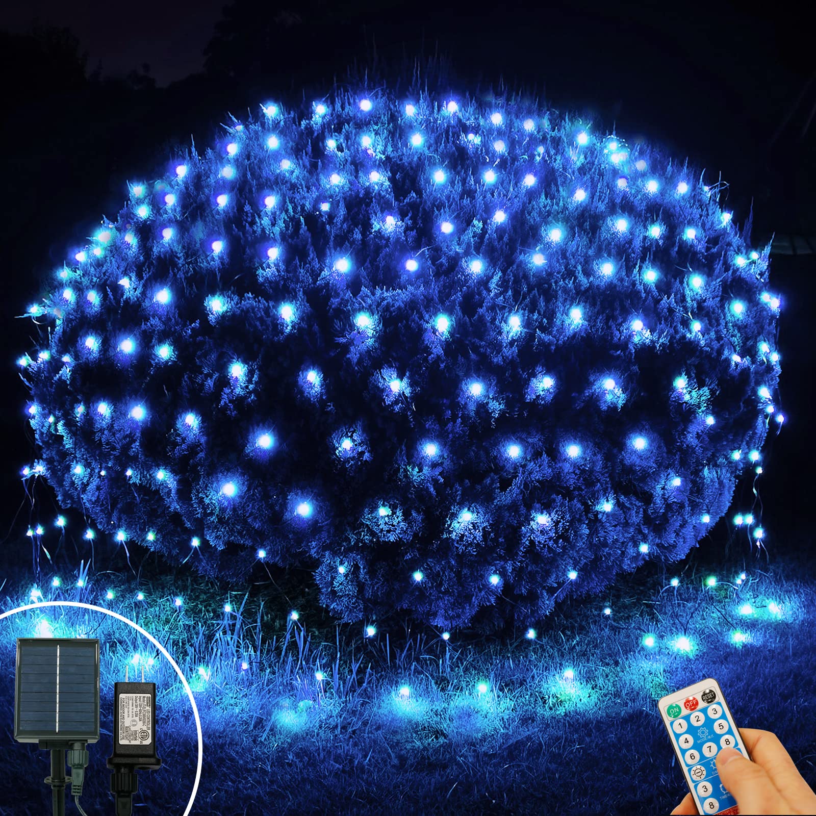 300 LED Blue Solar Net Lights - 14.8ft x 5ft Connectable Christmas Mesh String Lights with 8 Lighting Modes | Waterproof Solar Fairy Lights for Halloween, Xmas, Garden, Wedding & Party Decor | Perfect for Bushes, Trees, Fences and Outdoor Holiday Lighting