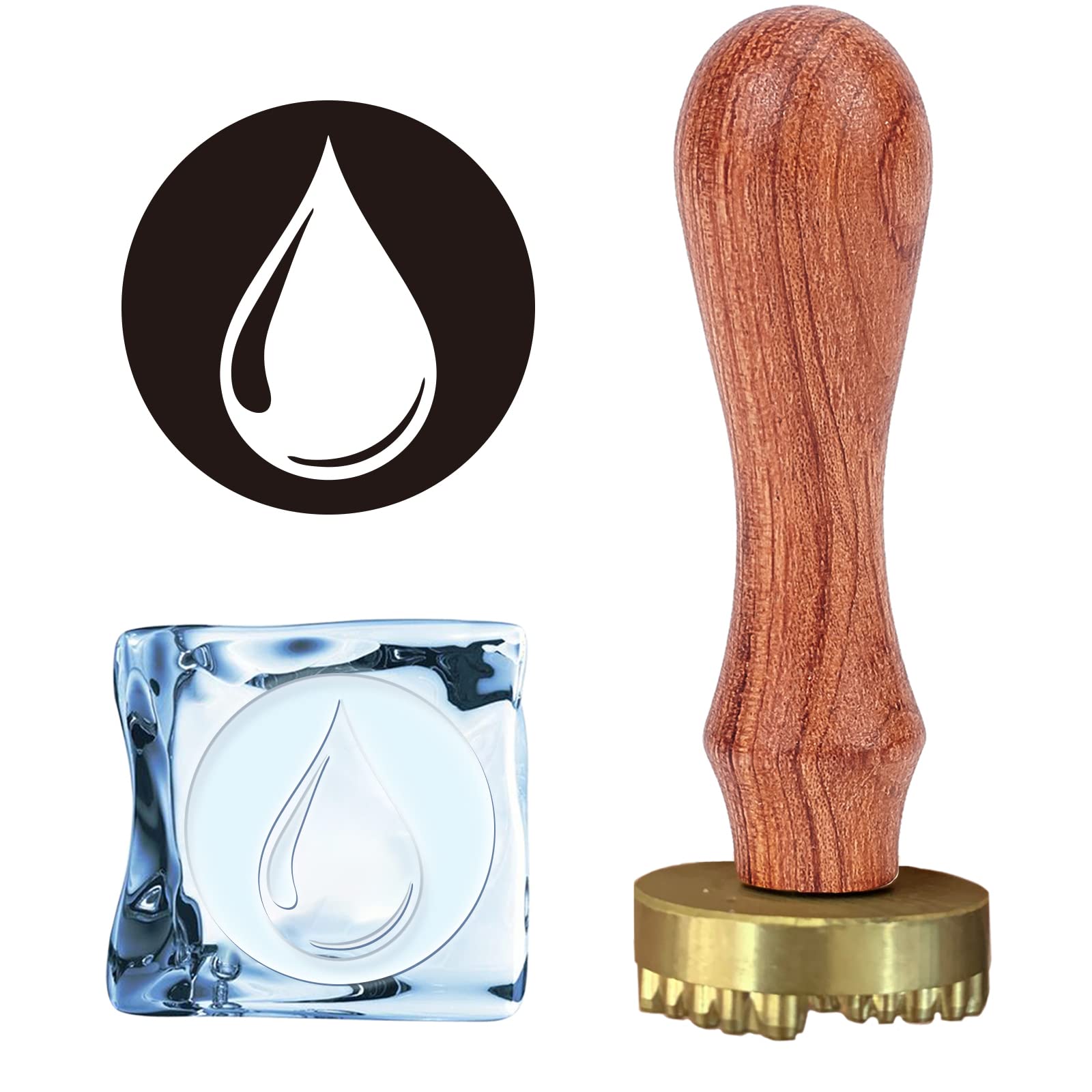 Premium Ice Branding Stamp - CRASPIRE Ice Stamp with Wood Handle & Velvet Pouch | Removable Brass Head for Cocktails, Ice Cubes & Beverage Branding | Perfect for Home Bars, DIY Drinks & Crafting | Water Droplet Wax Seal Design for Professional Drink Presentation