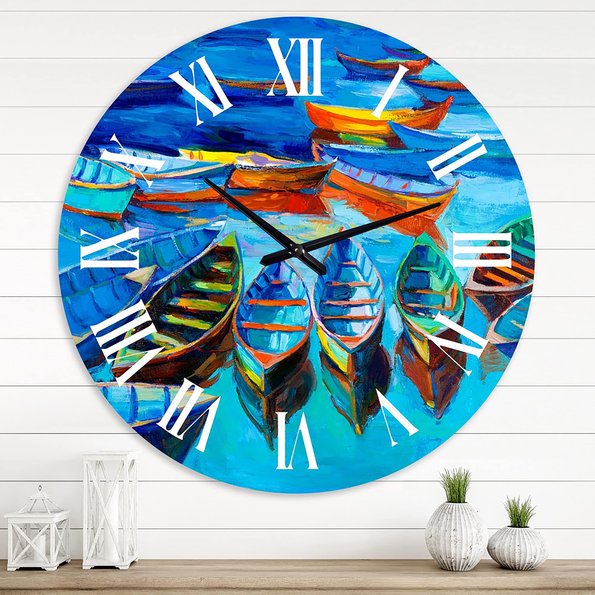 DesignQ Nautical Coastal Wall Clock - 'Little Boats Waiting in The Harbor' Blue Round Clock for Home, Office & Beach House Decor | Perfect for Living Room, Bedroom or Kitchen