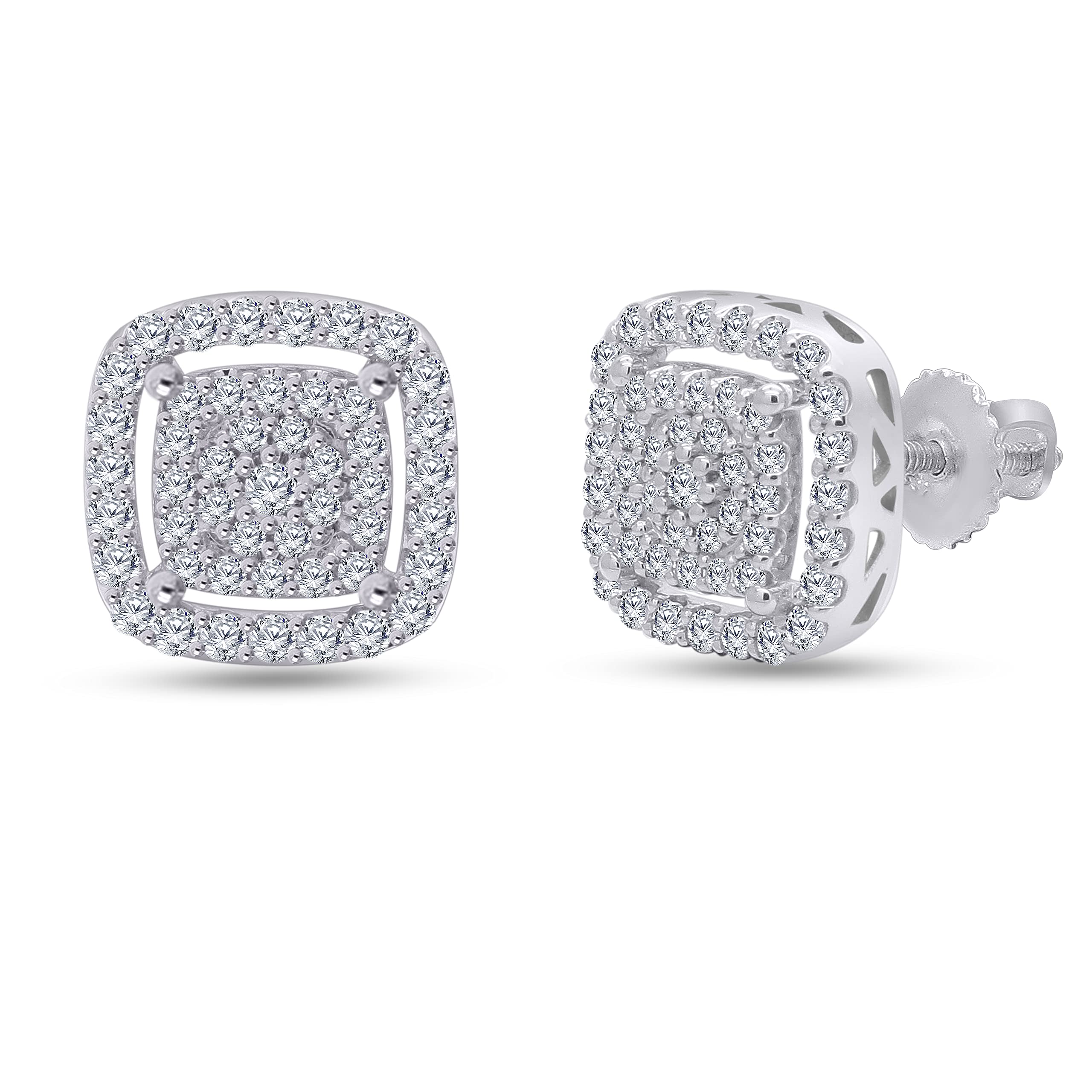 1 Cttw Round Diamond Cushion Frame Halo Diamond Stud Earrings for Women & Girls - 10K/14K Solid Gold & 925 Sterling Silver | I2 Clarity, H-I Color | Elegant Everyday Wear, Gift for Anniversary, Birthday & Special Occasions