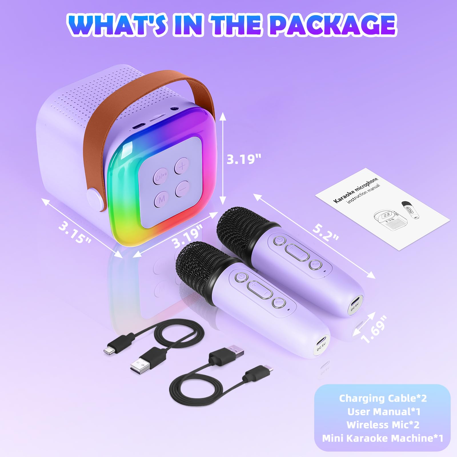 Portable Bluetooth Karaoke Machine for Kids with 2 Wireless Microphones & LED Lights - Mini Singing Speaker Toy Gift for Girls Boys Ages 4-11 - Perfect for Home, Birthday Parties, Travel & Family Fun