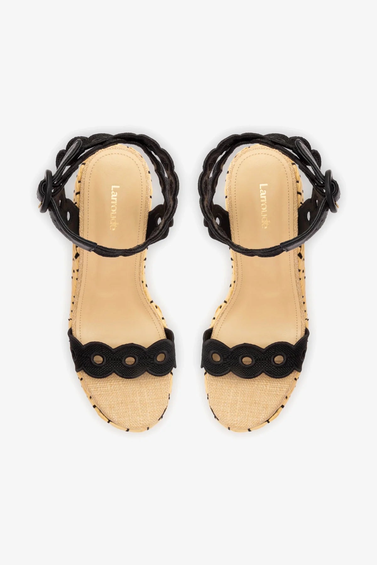 Florence Broderie Wedge Sandals in Beige & Black Raffia - Comfortable Summer Espadrilles for Beach, Vacation and Casual Outfits